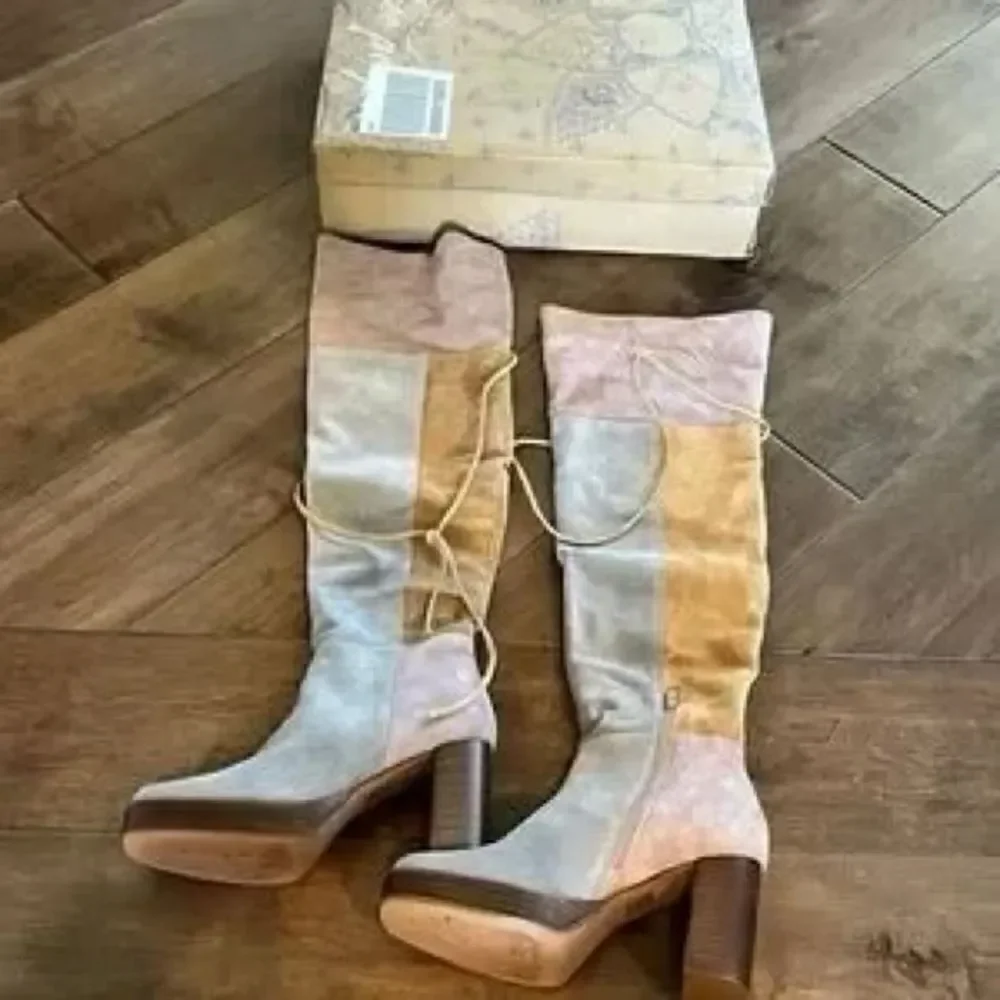 Free People Echo Platform Over-The-Knee Boots Soft Pieced Leather Patches US 7.5